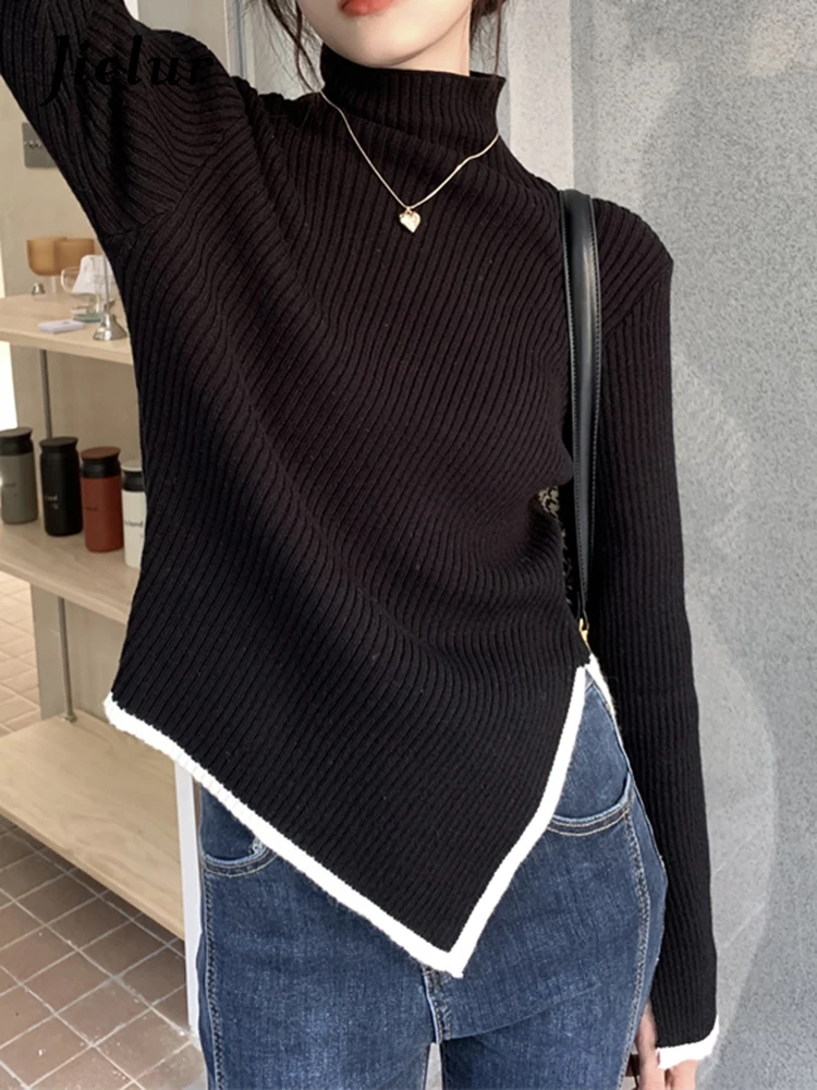 

Jielur Autumn New Contrast Color Slim Pullovers Woman Sweet Ladies Street Pullovers Female Black White Grey Korean Pullovers