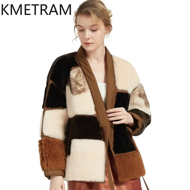 KMETRAM جلد الغنم الحقيقي مع الصوف المرفقة معاطف الفرو امرأة الدفء فضفاضة المرأة الشتاء سترة 2025 ملابس القهوة القصيرة7]