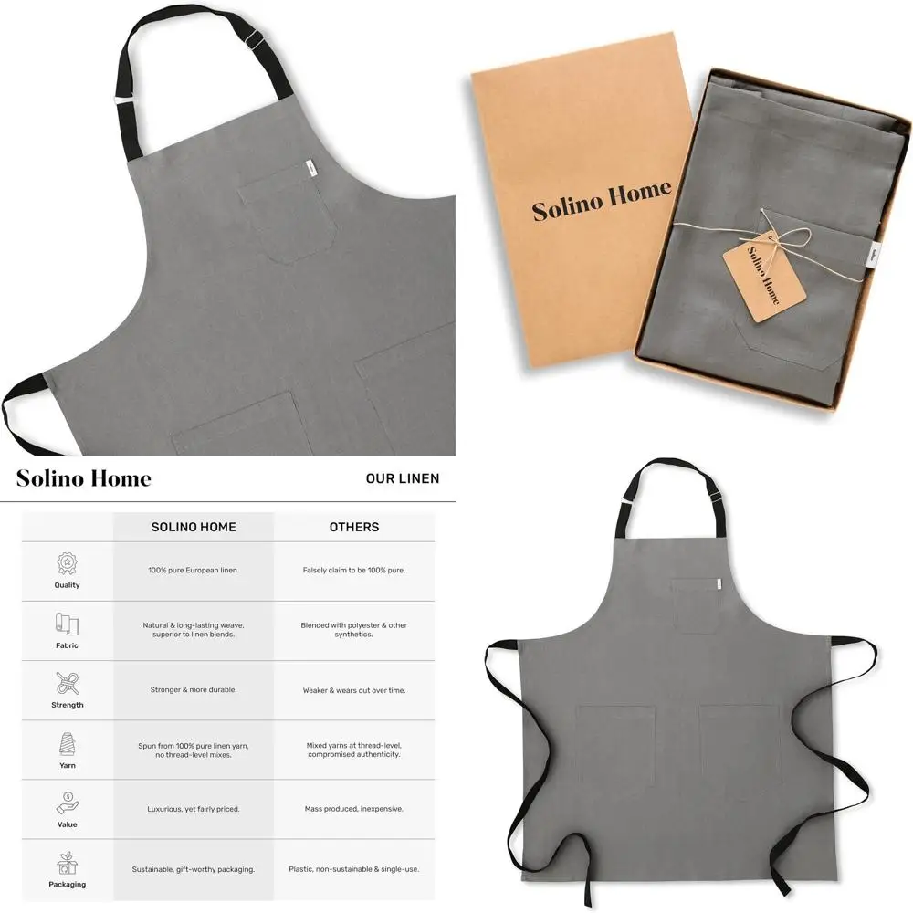 

Unisex 33 x 30 Inch Kitchen Apron with Pockets - Handcrafted from European Linen