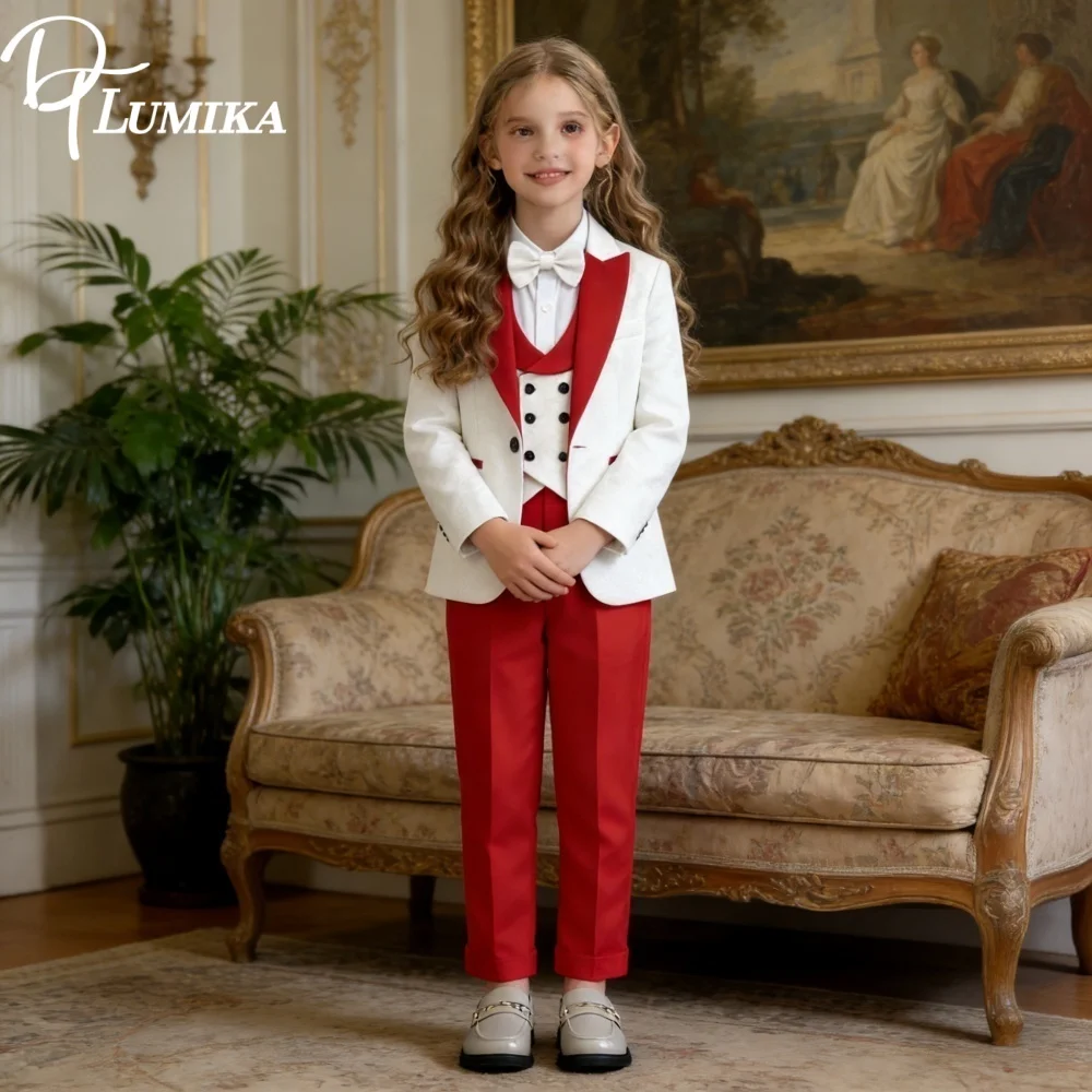New Year Girls Formal Suit Set 4-Piece - White & Red Contrast Color Kids Tuxedo Dress, Stylish Trim for Party/Wedding Events