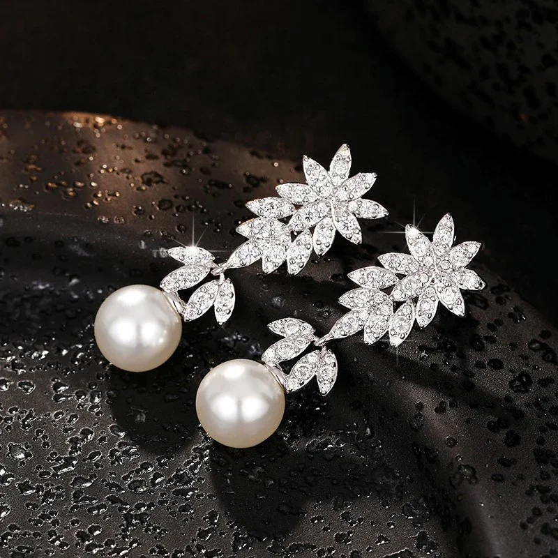 CAOSHI Aesthetic Shinning Flower Earrings for Women Simulated Pearl Pendant Jewelry for Wedding Delicate Bridal Accessories Gift