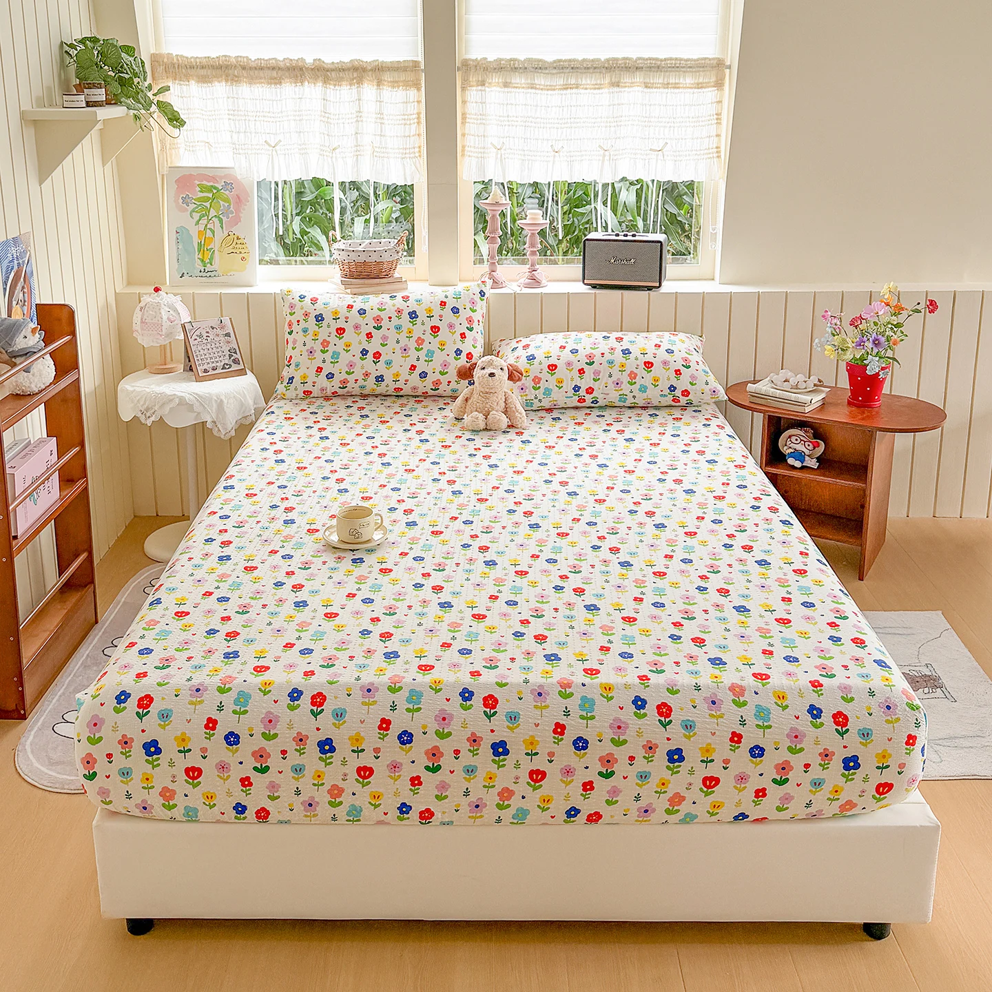Cute Printed Fitted Bed Sheet Queen/King Size Skin-friendly Bed Sheet for Bed Puff Gauze draps lit Skin-Friendly Bedsheet 침대패드