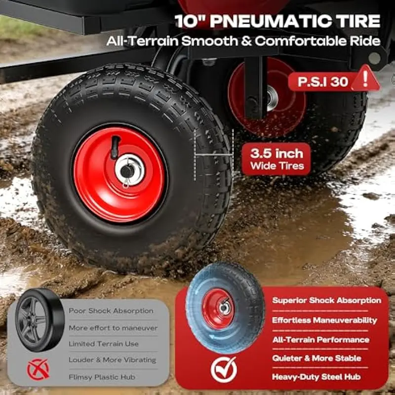 Heavy-Duty Garden Dump Wagon with 900LB Capacity • 10-Inch Pneumatic All-Terrain Tires • Adjustable Ergonomic Handle • 180° Stee