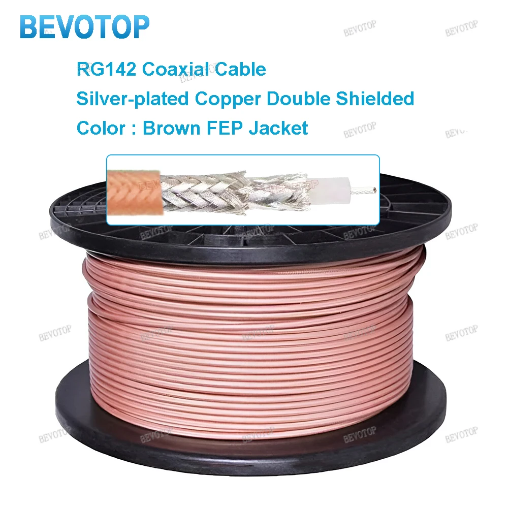 BEVOTOP RG142 Coaxial Cable Silver-plated Copper Double Shielded RF Coaxial Cable 50 Ohm Low Loss FEP Brown or Blue Color