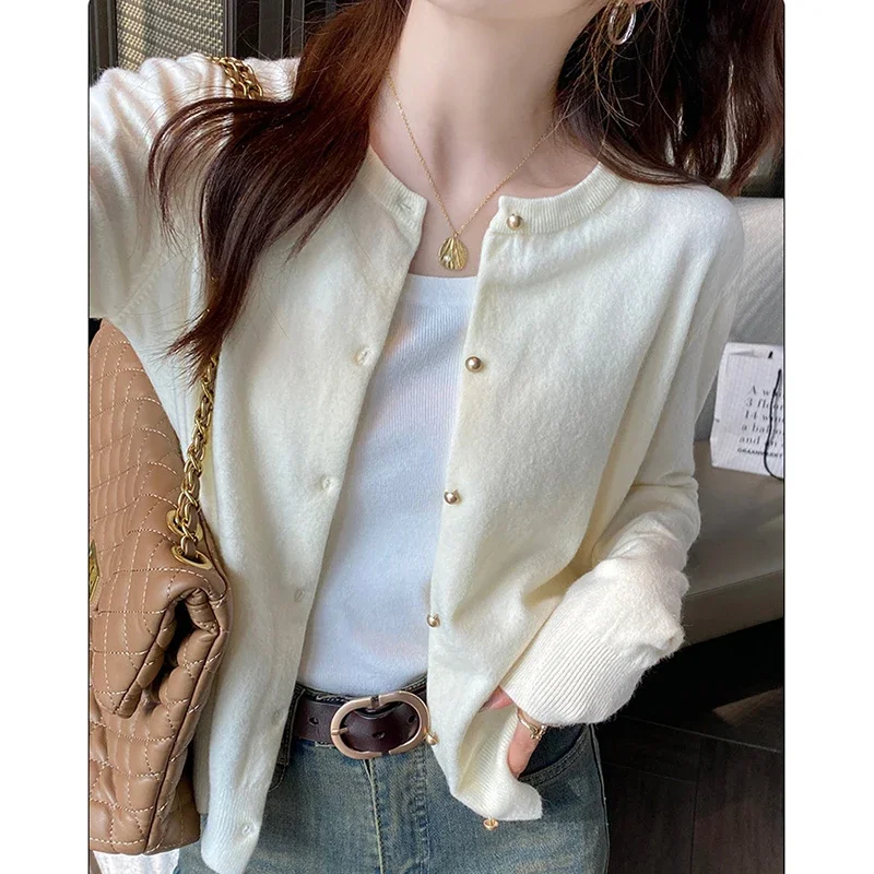 

O Neck Basic Knitted Cardigan Women Spring Autumn Long Sleeve Button Solid Soft Sweater Korean Style Short Knitwear Tops Female