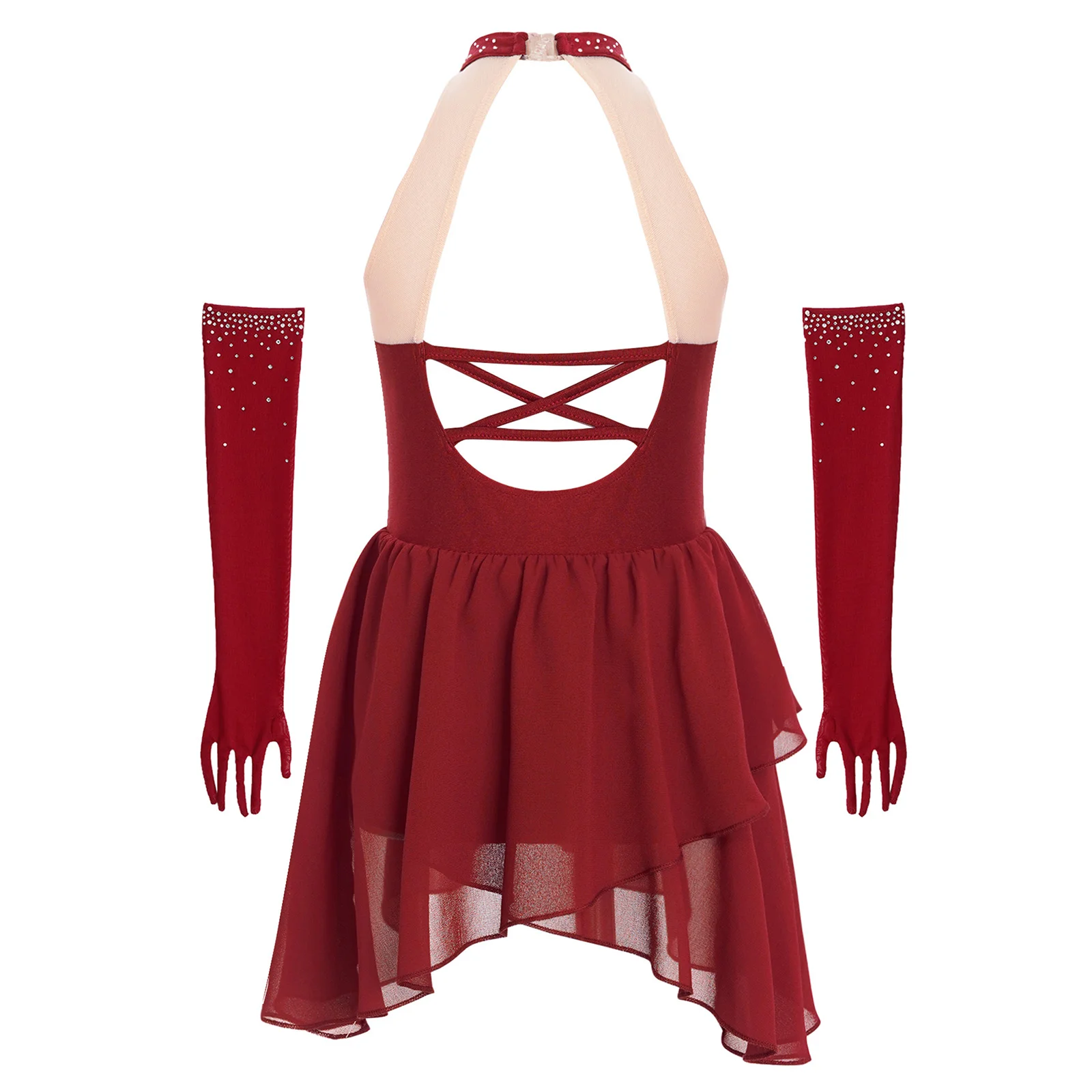 Kids Girl Figure Skating Lyrical Dance Gymnastics Performance Costume Sleeveless Rhinestone Sheer Mesh Leotard Dress with Gloves