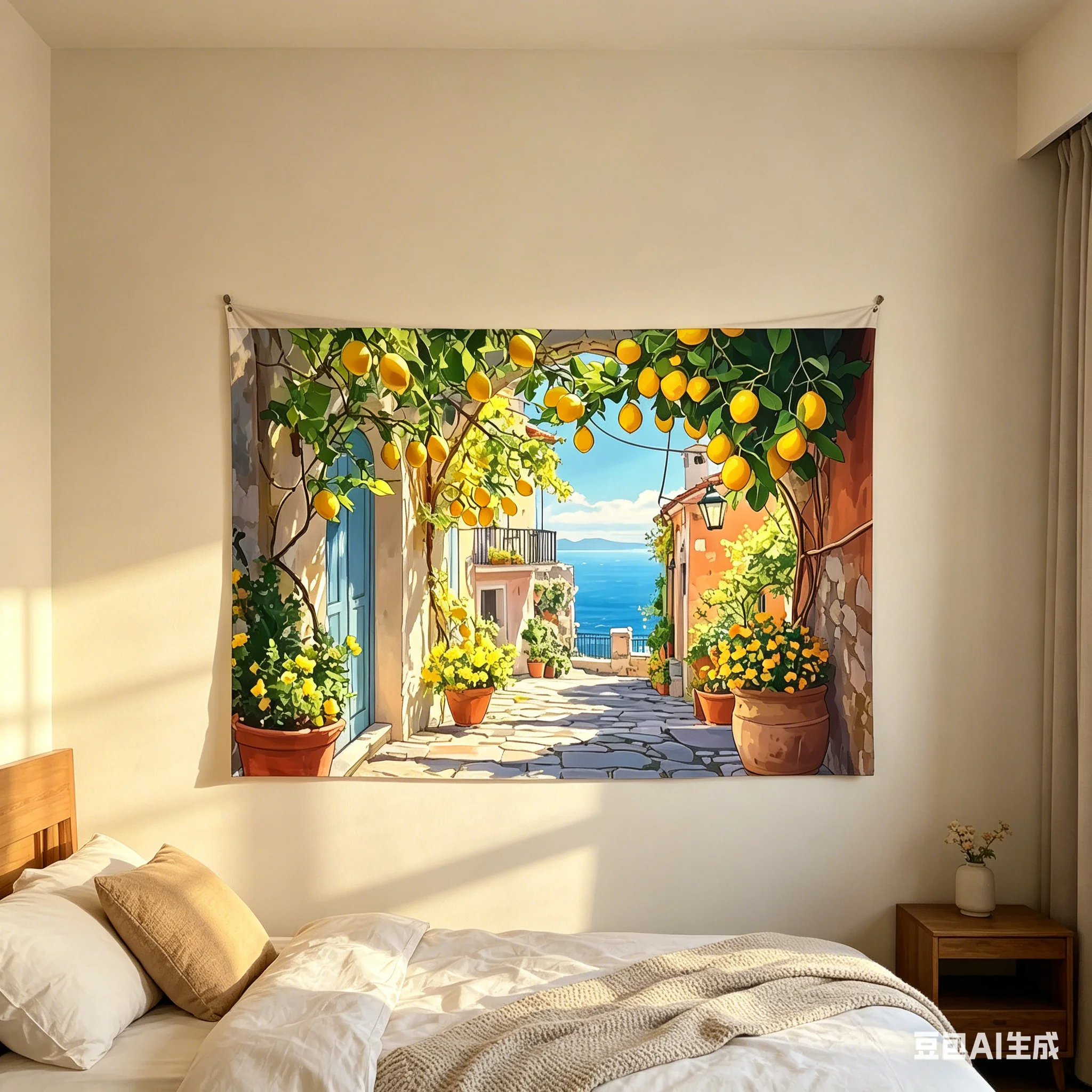 1pc Mediterranean Lemon Street Tapestry, Coastal Scenery Wall Hanging, Cool Room Stuff, Large Size, Polyester 2D Print, Bedroom