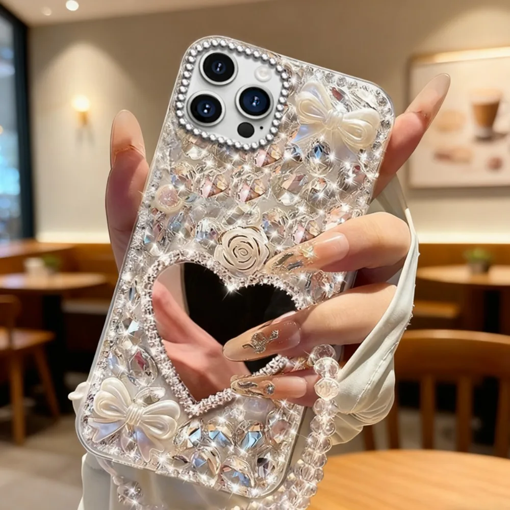 Luxuriöse Diamant-Strass-Liebes-Spiegel-Make-up-Handyhülle für iPhone 18 17 Pro Max 11 12 13 14 15 16 Pro Max mit Kristall-Lanyard – Detail 2