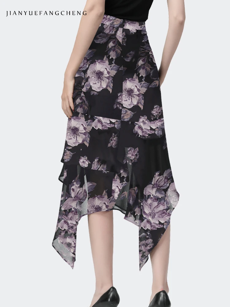 Fashion Women Summer Flowers Printing Black Chiffon Long Skirt High Waist A-Line Irregular Length Elegant Flowy Casual Skirts