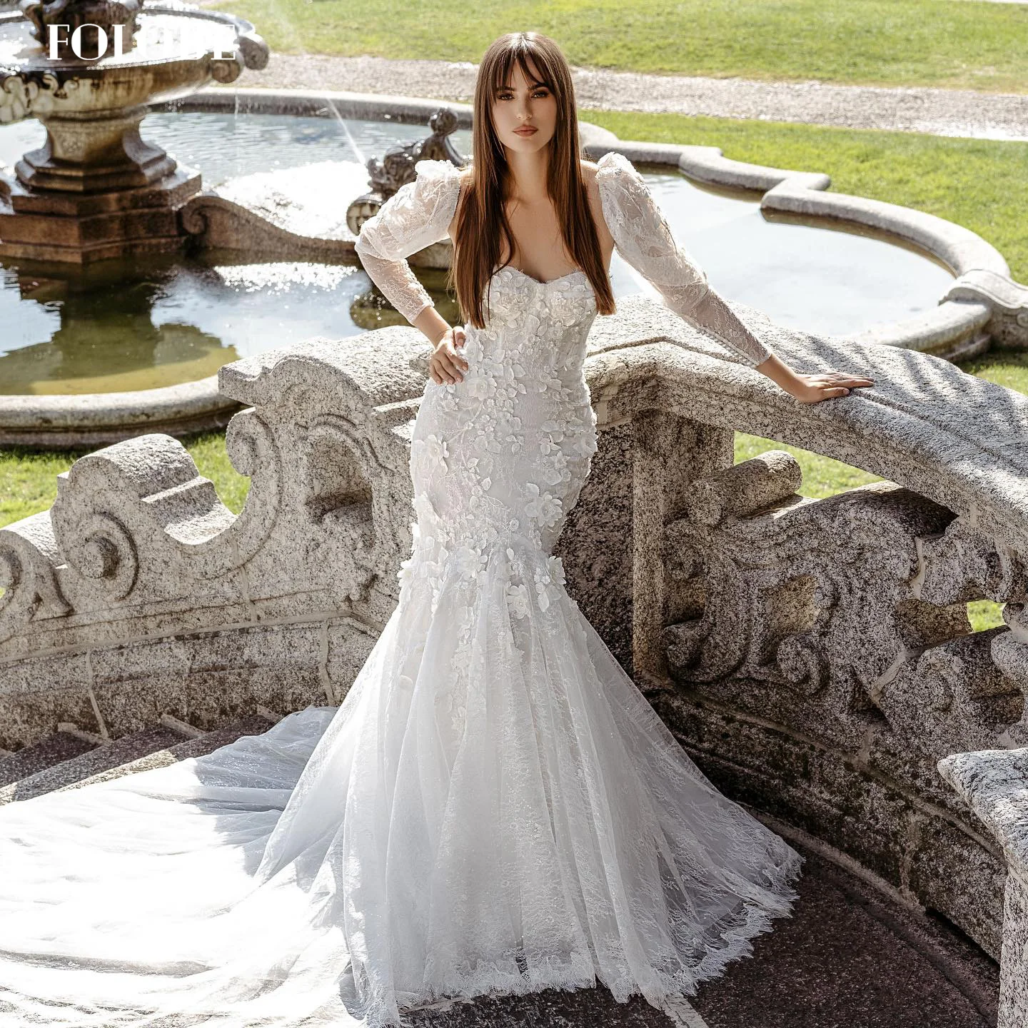 FOLOBE blanc chérie dentelle robes De mariée Appliques sirène avec manches longues robes De mariée Tulle robes De Novia personnalisé