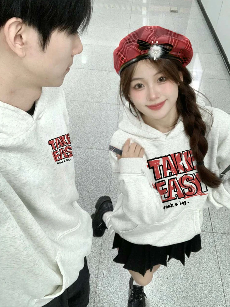 Take Easy Letter Print Couple Hoodies Autumn and Winter 2024 New Oversize Retro Trend Hooded Sweatshirts