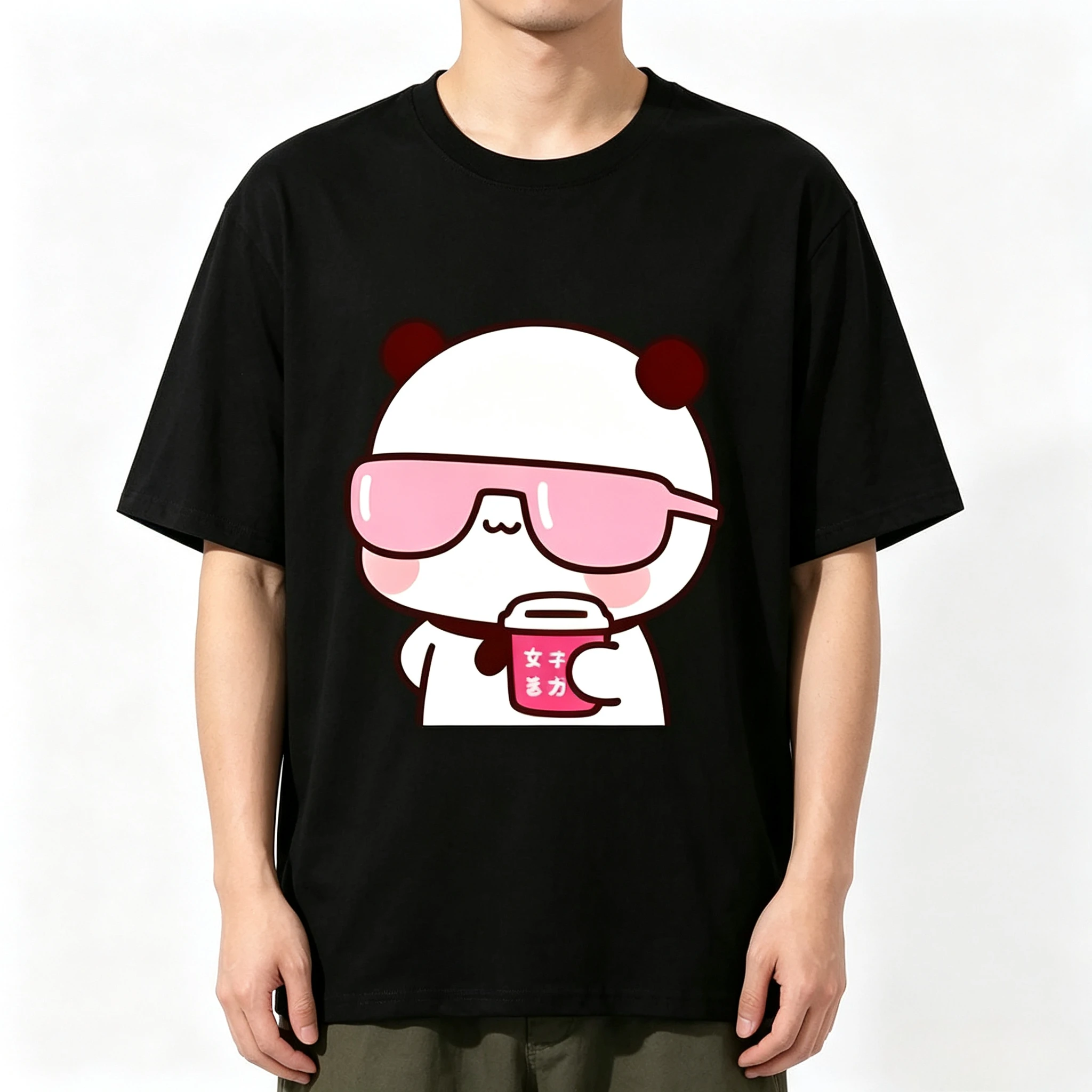 Cartoon Style Cute Cool Panda With Pink Sunglasses Coffee Cup Print Modal T‑Shirt Unisex Loose Short Sleeve Casual Couple Tops