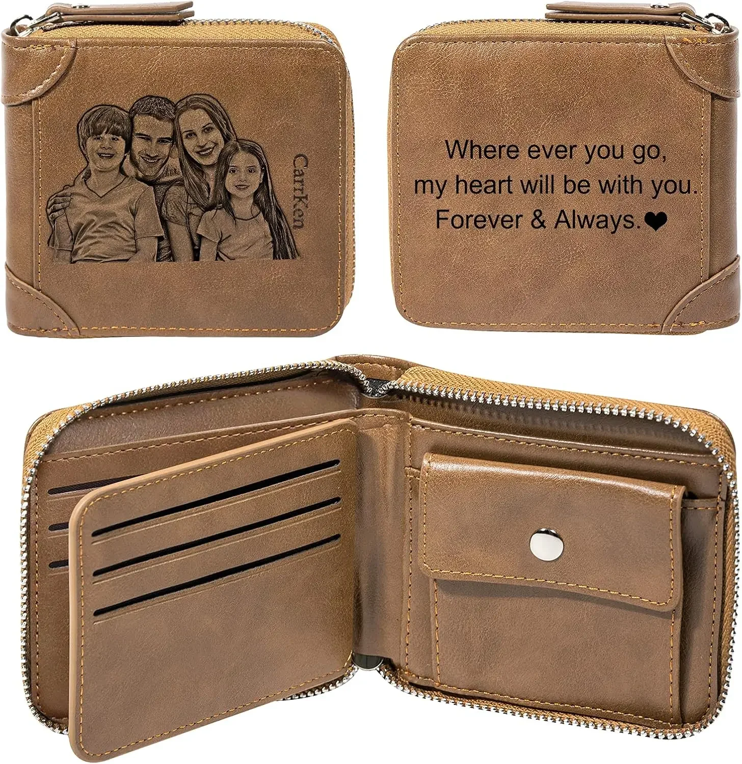 Portafoglio di lusso con immagine bifold con cerniera personalizzata incisa Portafoglio personalizzato con foto personalizzata da uomo Portafogli di alta qualità Compleanno per la festa del papà