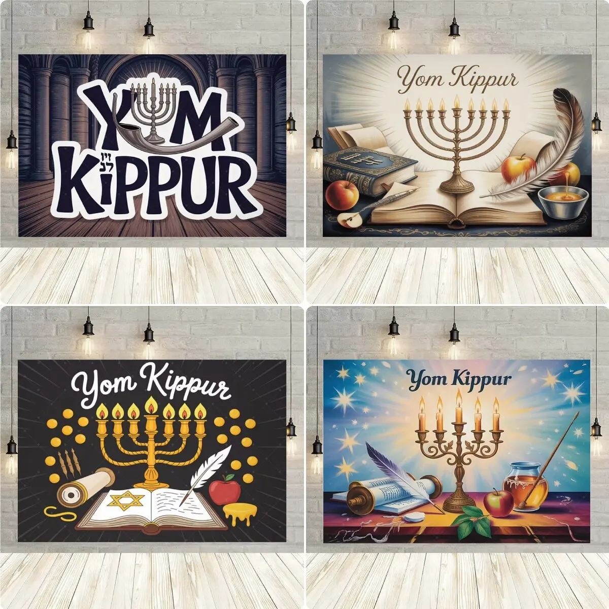 Yom Kippur Day of Atonement Banner Menorah Candles Torah Scroll Quill Apple Honey Jewish Religious Holiday Photo Background