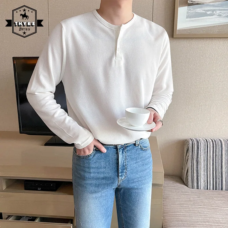 Autumn Button Neckline Bottoming Shirt Mens Harajuku Simple Versatile Advanced Sense Tops Male Casual Solid Slim Pullover Shirts