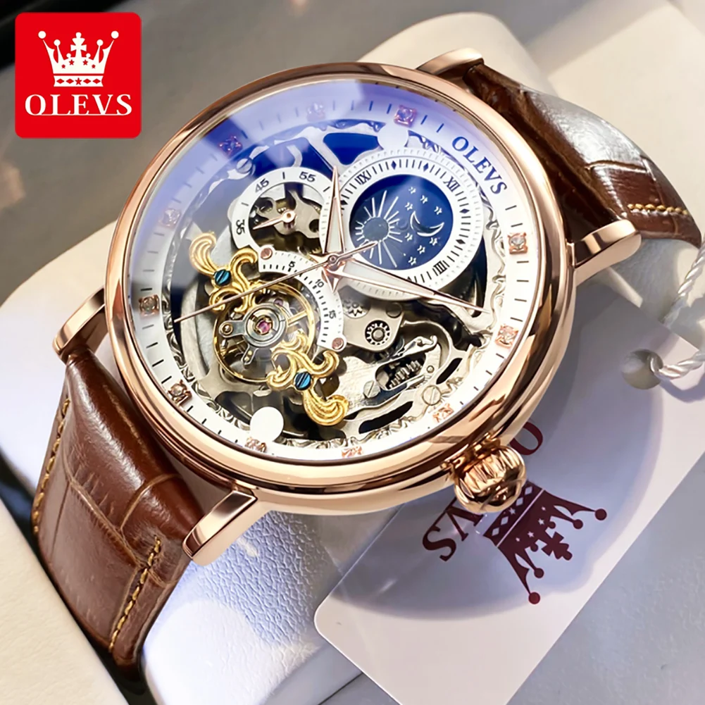 OLEVS Brand 2024 Fashion Moon Phase Skeleton Mechanical Watch for Men Sport Leather Waterproof Luxury Tourbillon Watches Mens