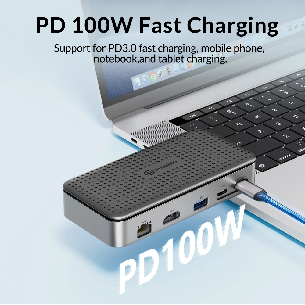 Imagem -03 - Phixero Docking Station com Gabinete Ssd M.2 Usb c 10gbps pd 100w Rj45 sd tf 4k Dock Station para Laptop Macbook Pro