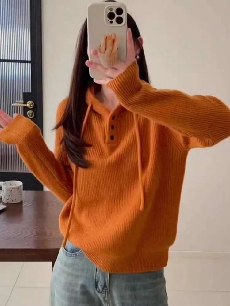 Half Button Hooded Wool Knitted Sweater For Women, 2024 Autumn And Winter New Korean Loose Casual Pullover Sweater