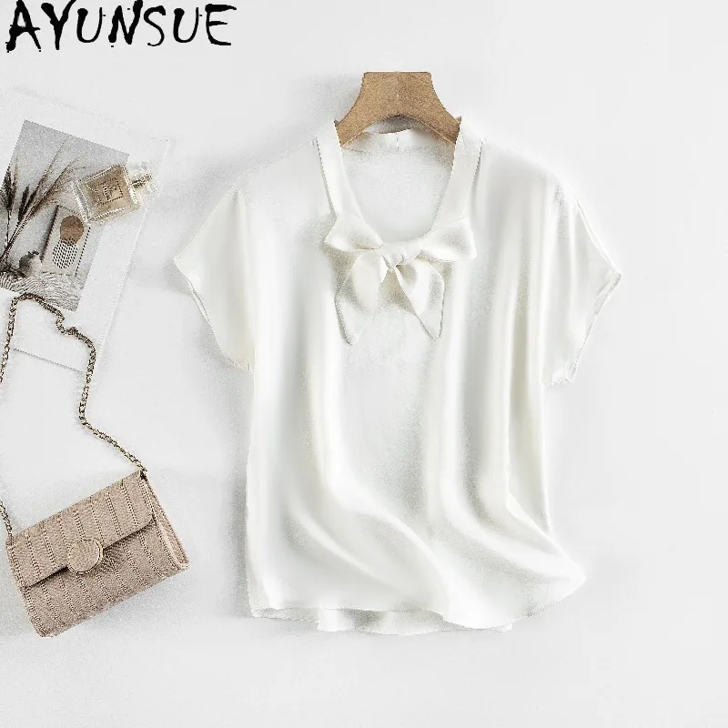 

AYUNSUE 100% Silk Women's T-shirts Stylish White Tops for Woman Elegant Commuting T Shirt Versatile Woman Clothes Ropa Mujer