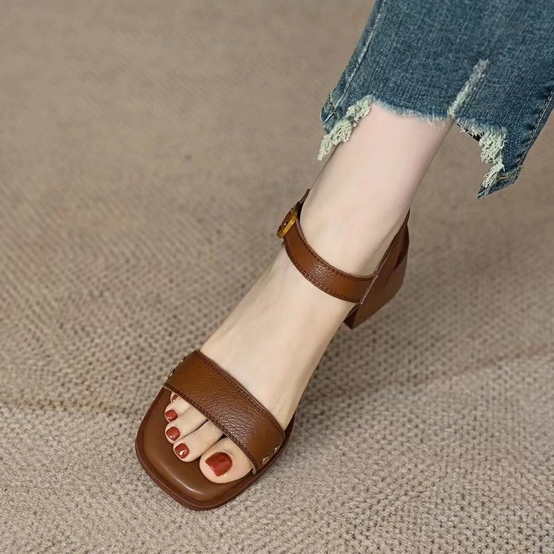 Summer Sandals Women Heels Elegant Open Toe Slingback Shoes for Women Fashion PU Leather Non-slip Soft Sole Sandalias De Mujer