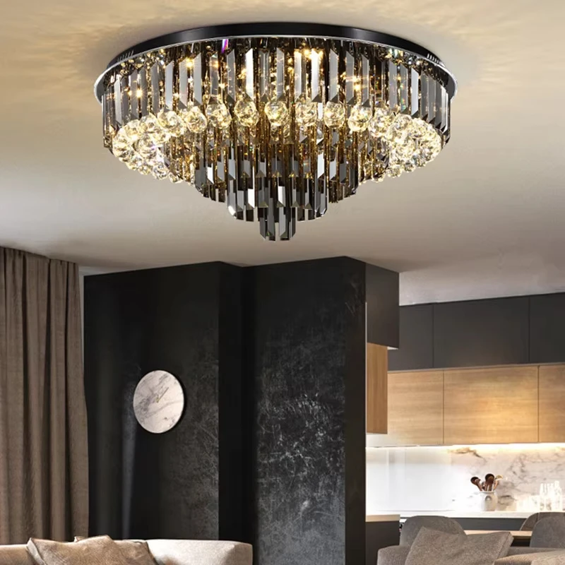 

Luxury Crystal Round Ceiling Lamps Gray LED Hanging Light Lampara De Techo Home Decor Designer Modern Led for Living Room