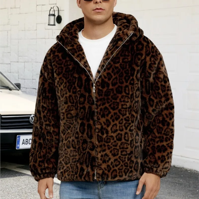 2025年新作 メンズ レオパード柄 フェイクファー ジャケット カラーブロックデザイン 厚手 暖かい プラッシュ ふわふわファー トレンド カジュアル フード付きジャケット トップス