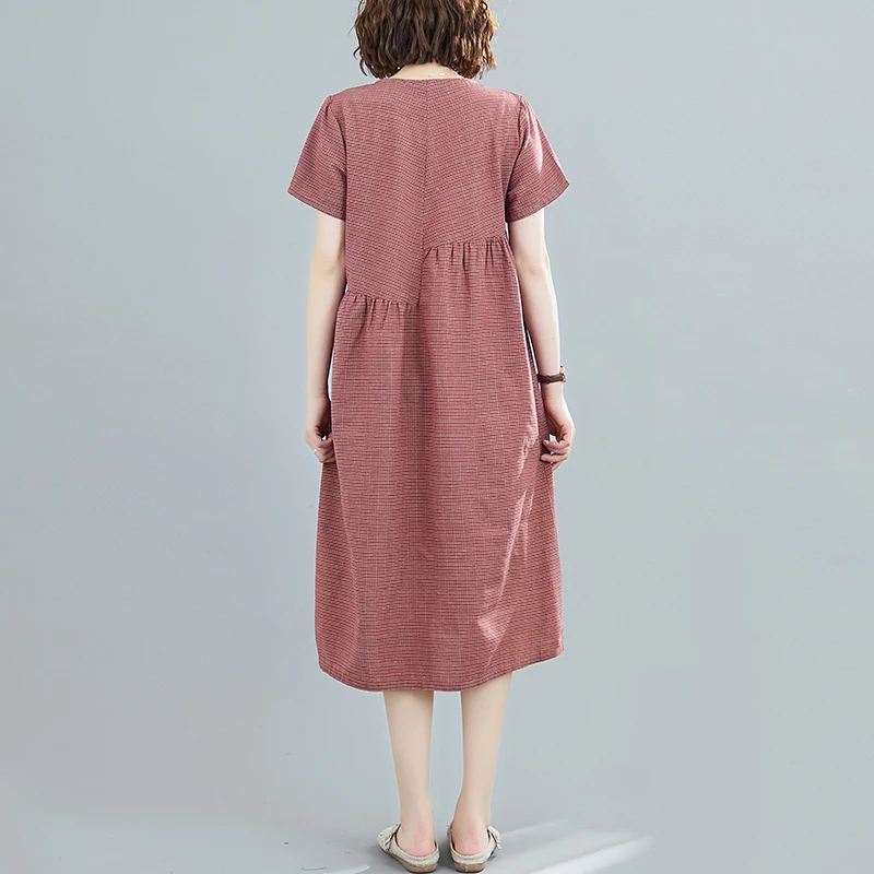 فستان كتان صيفي 202 فضفاض بمقاسات كبيرة، تنورة ميدي على شكل حرف A بنقشة مربعات، قطن وكتان، رقبة مستديرة، أكمام قصيرة، جيب مطبوع #5