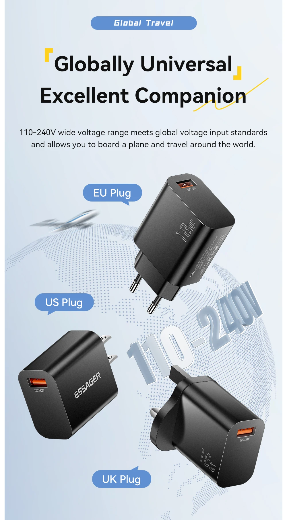 Essager 18W QC3.0 USB A Charger USB Quick Charge 3.0 Fast Wall Charger for Samsung S24 Huawei Xiaomi iPhone Mobile Phone Charger