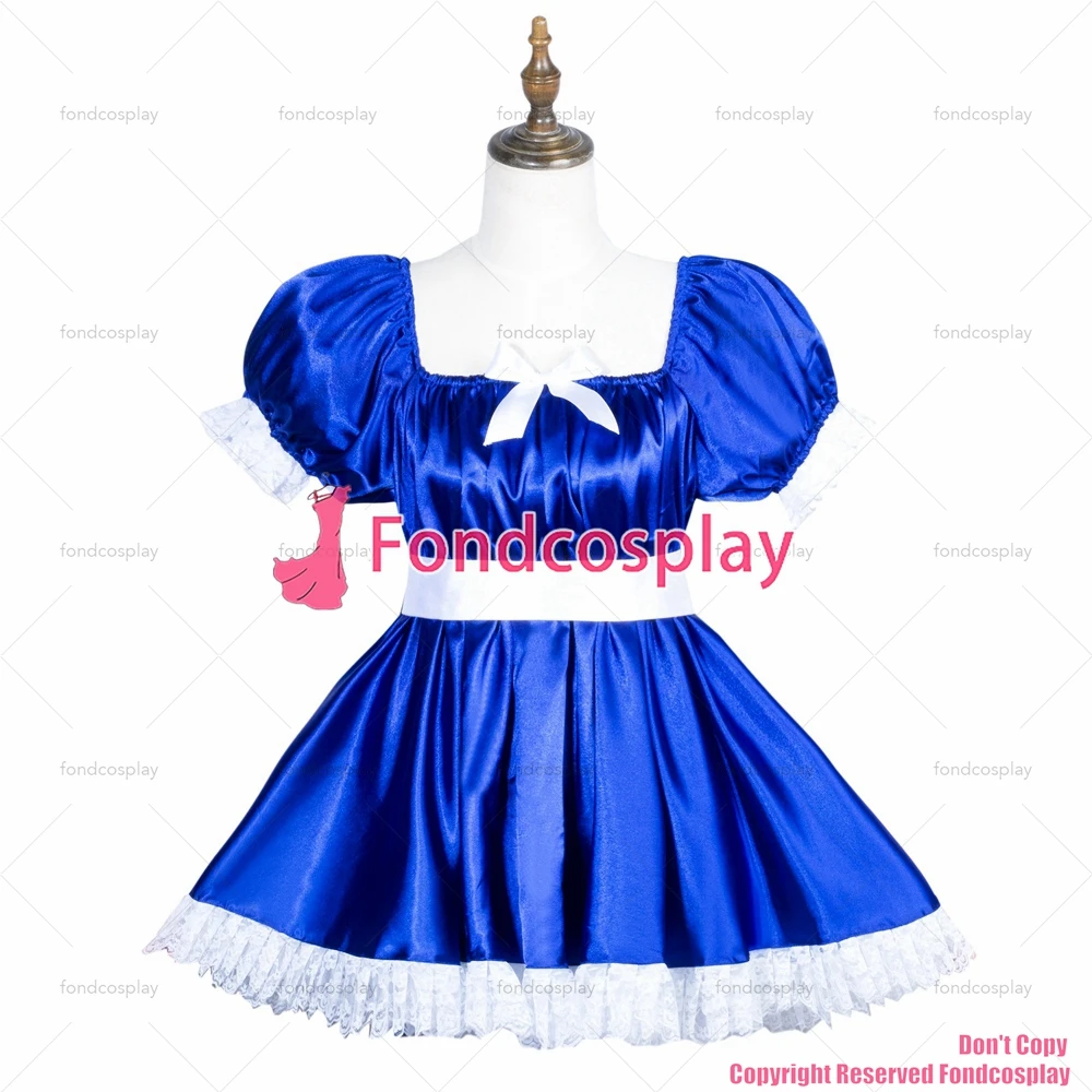 fondcosplay adult sexy cross dressing sissy maid short blue satin dress lockable Uniform jumpsuits rompers CD/TV[G3776]