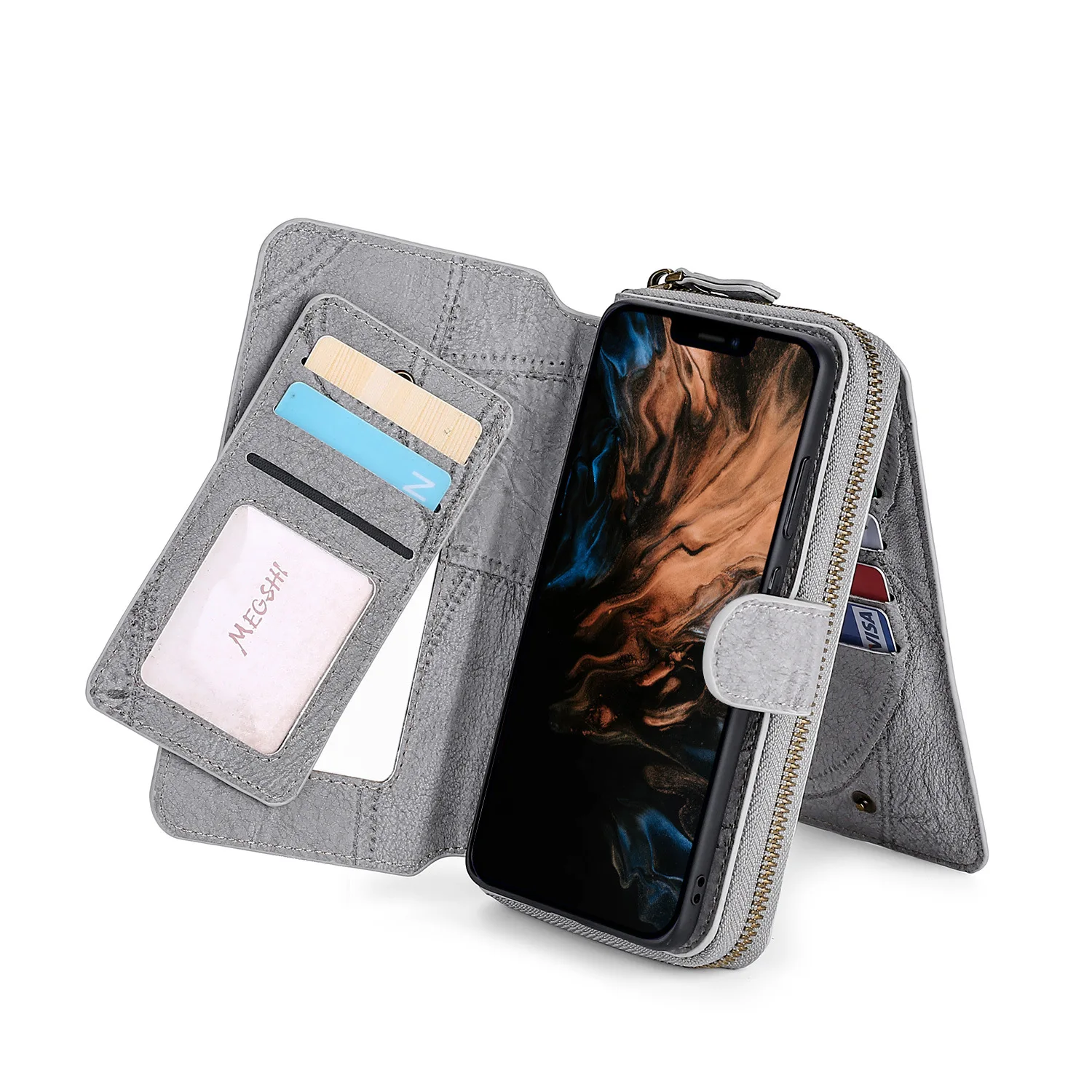 

Megshi Detachable Flip Leather Case For Iphone 17 16 15 14 Plus 13 12 11 Pro XS Max X XR 8 Plus Business Wallet Phone Cover bag