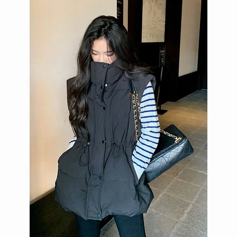 

2024 Autumn and Winter New Down Vest Women's Medium and Long Waist Slim Stand-up Collar Black Vest Coats Padded Tank Outwear