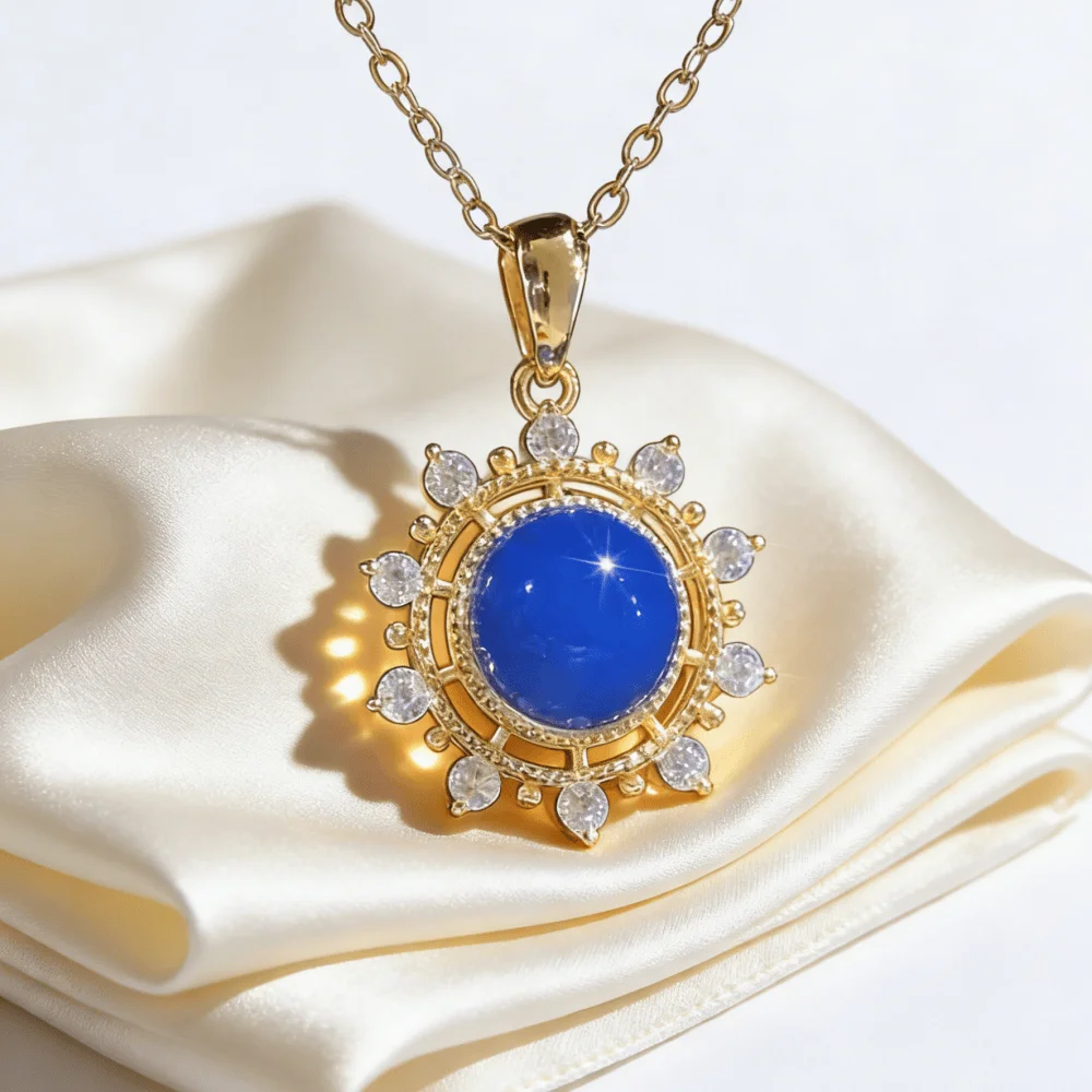 

Подвеска из стерлингового серебра S925 с натуральным доминиканским синим янтарем 8 мм, дизайн «Солнечные лучи», европейский винтажный роскошный ювелирный подарок