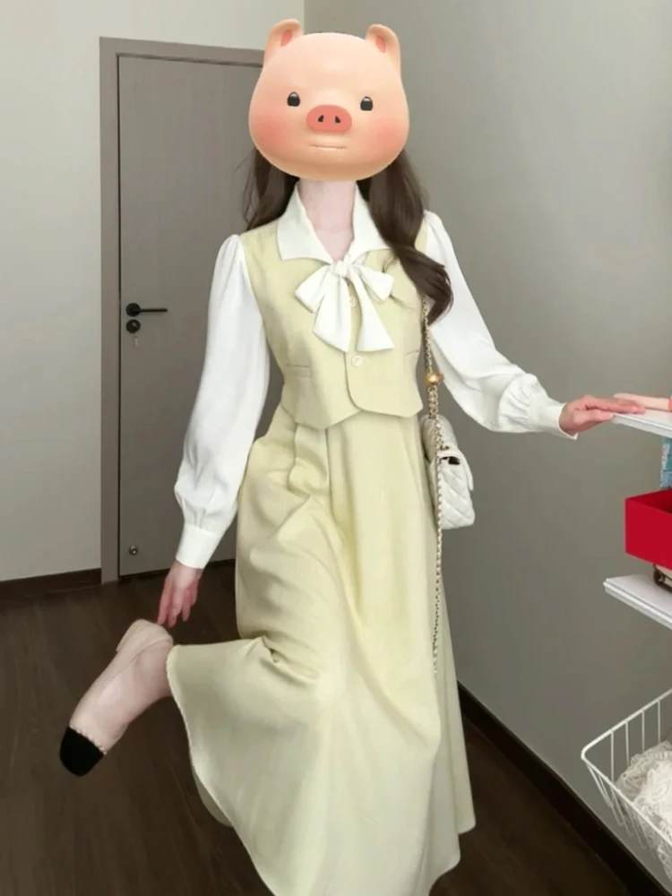 

Осенняя женская юбка-макси с эффектом двухслойности и узлом, в японском стиле, для чаепития, с длинным рукавом, элегантная и милая