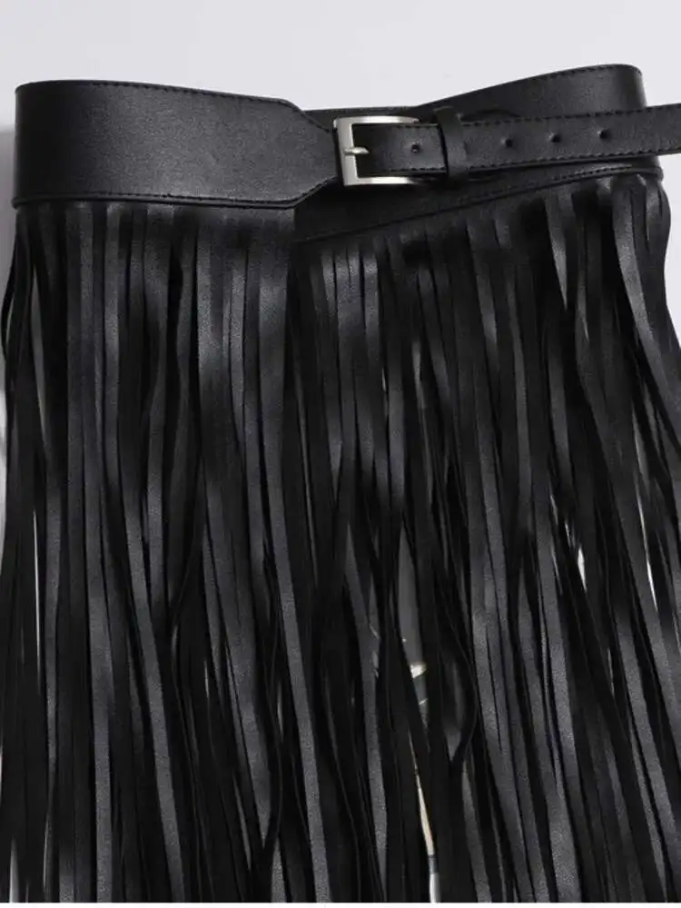 LANMREM Basics PU Leather Skirt Women Belt Black Color High Street Decoration Full Tassels Skirts Female New Fashion 2DC1326 5 LANMREM Basics PU Leather Skirt Women Belt Black Color High Street Decoration Full Tassels Skirts Female New Fashion 2DC1326 5