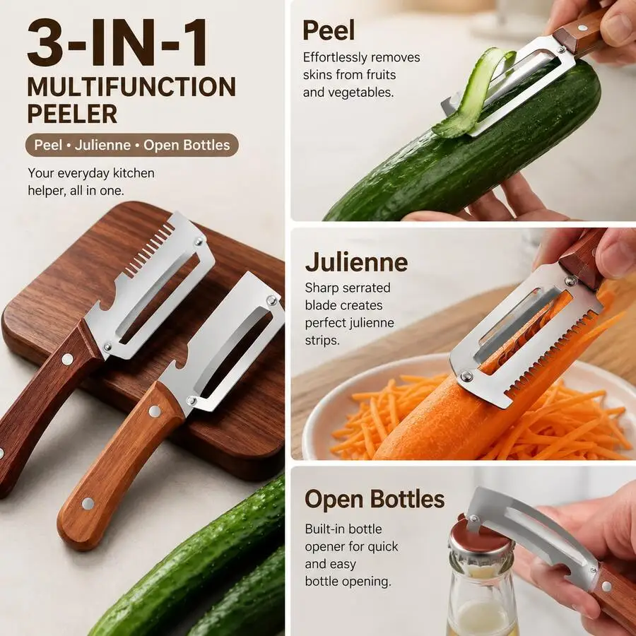Juego de 4/3 piezas - Pelador multifuncional con mango de madera, cortador de cebolla con abridor de botellas, cortador de cebolla y cebolleta, pelador de caña de azúcar y pepino, herramienta para pelar frutas y verduras, 32 piezas, exquisito regalo navideño