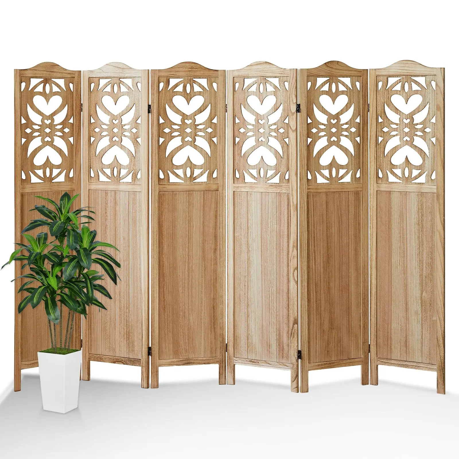 6-Panel Room Divider, 5.6ft Tall Freestanding Room Partition Wall & Privacy Sn, Foldable Wood Carved Room Separator for