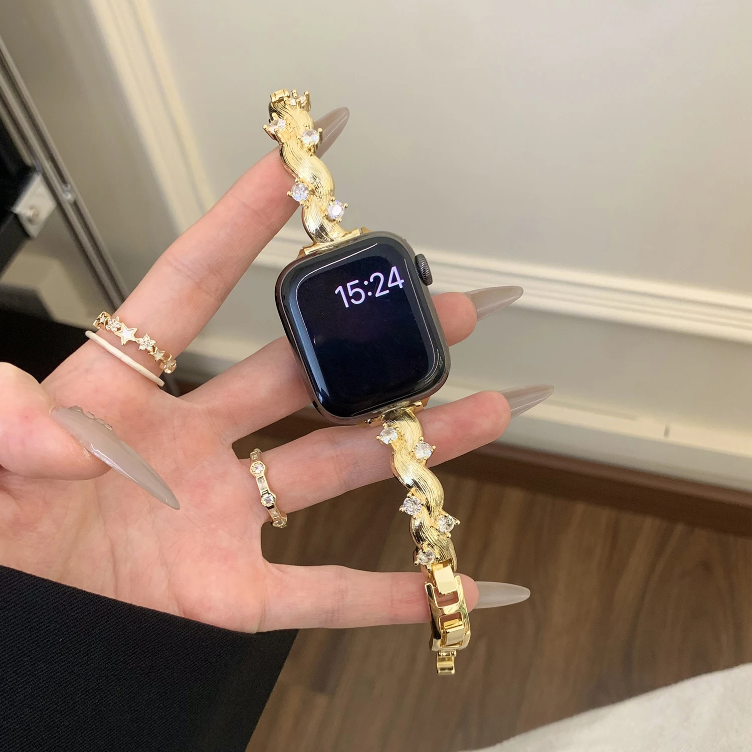 الروطان مطعمة الماس النحاس حزام معدني لساعة أبل S111 S10 46/42 الترا 49 مللي متر 45/44/41/40/38 مللي متر أنثى هدية ل iwatch S8 SE #2