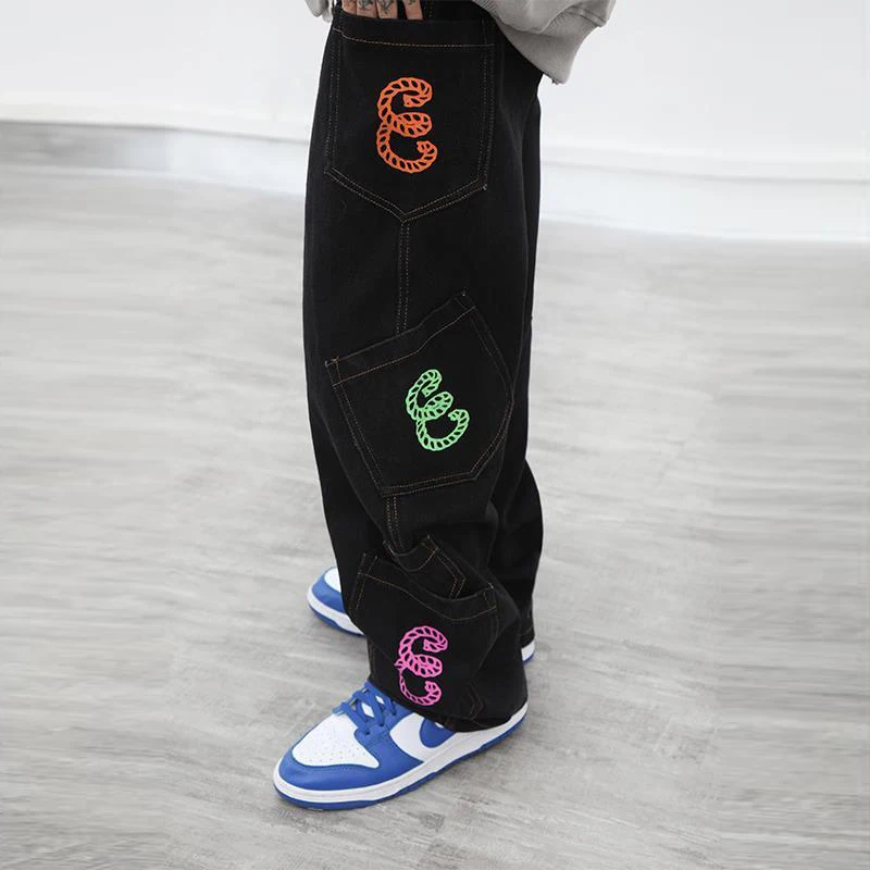 

Men Trendy Print Hip Hop Streetwear Oversize Straight Denim Pants Y2K Youth Male Vintage Harajuku Pockets Baggy Jeans Pantalones