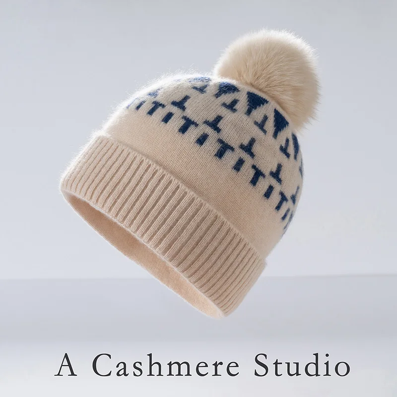 Winter New High-Quality 100% Cashmere Knitted Jacquard Striped Cashmere Hat Fur Ball Hat Padded leisure Cashmere Warm Hat