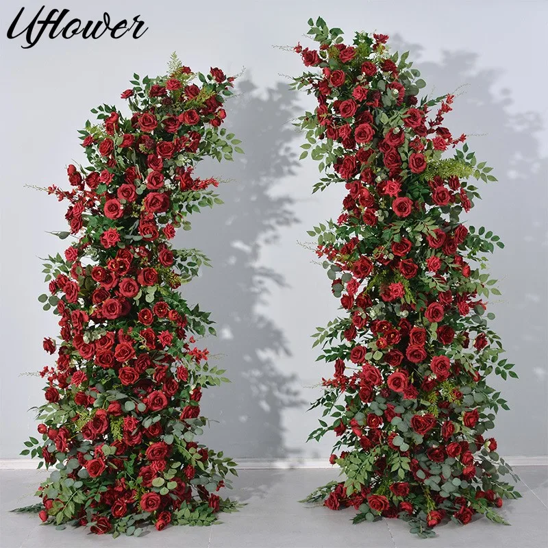 

Uflower Red Rose Green Leaves Outdoor Wedding Backdrop Arch Frame Decor Floral Arrangement Floor Flower Row Event Party Props