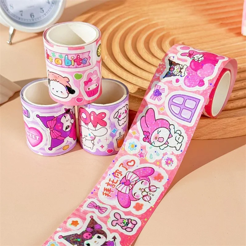 Cinta adhesiva Sanrio Kuromi Melody Cinnamoroll, pegatinas decorativas para diario DIY, etiqueta de palo de álbum, lote de 24 unidades