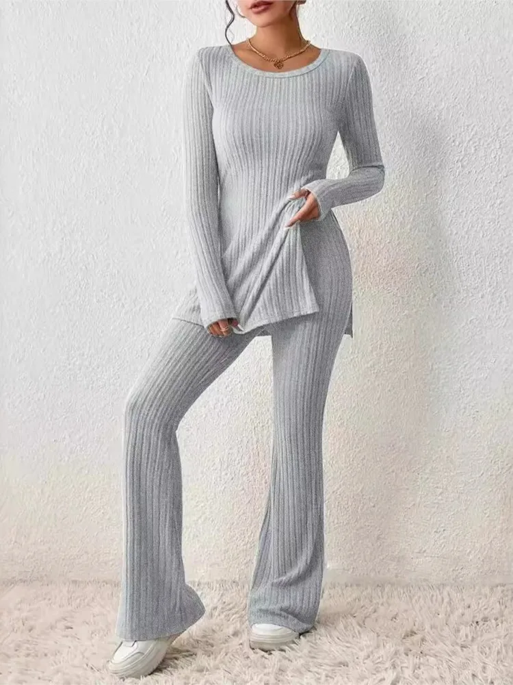 Fall Winter Knitted Pants Sets For Women Long Sleeve O Neck Tops + Trousers 2 Piece Set Solid Comfortable Elegant Suit Female