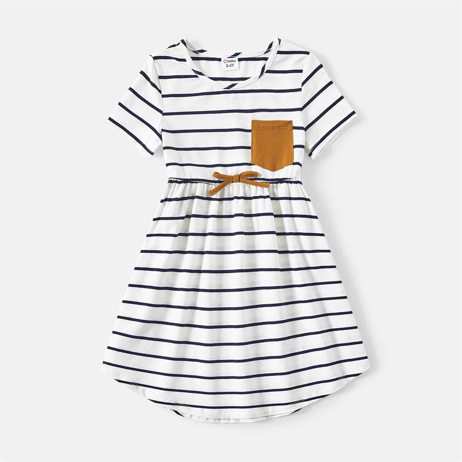 PatPat Family Matching Outfits 95% Cotton Striped Off Shoulder Belted Dresses and Short-sleeve Colorblock T-shirts Sets