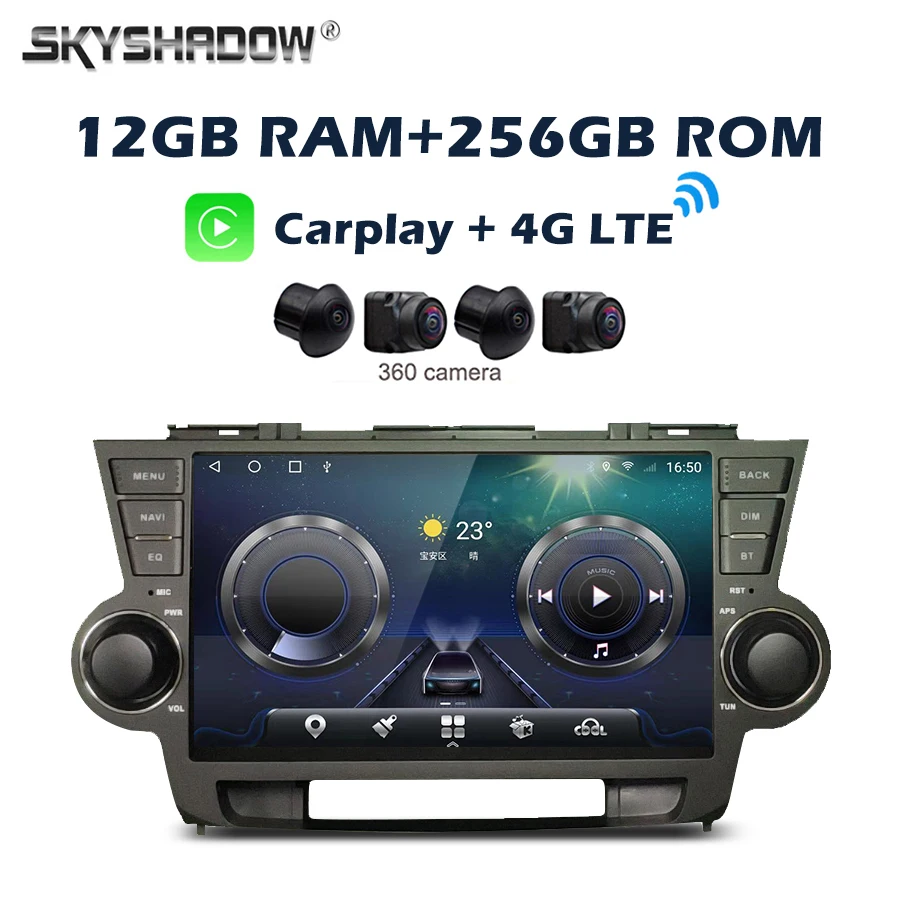 

12G+256G Carplay Auto Android 14.0 IPS 360 4G LTE Car DVD Player GPS WIFI Bluetooth Radio For Toyota Highlander Kluger 2009-2014
