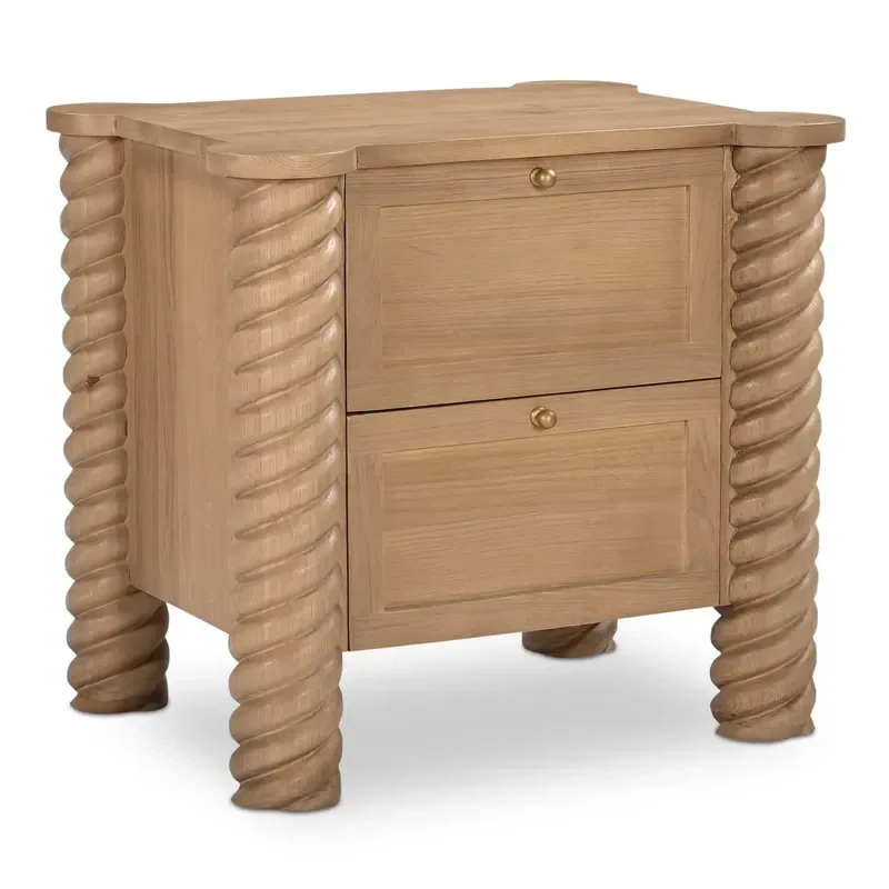 Vintage Solid Wood Nightstand with Twisted Carved Legs 2 Drawer Bedside Table Rustic End Side Table for Bedroom Home