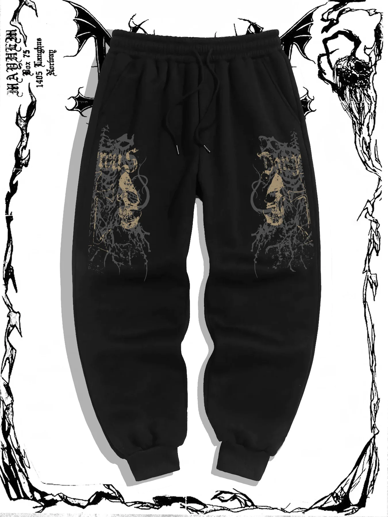 Men Gothic Skull Demon Double‑Sides Graphic Jogger Pants Elastic Waist Drawstring Sweatpants Loose Dark Punk Streetwear Trousers