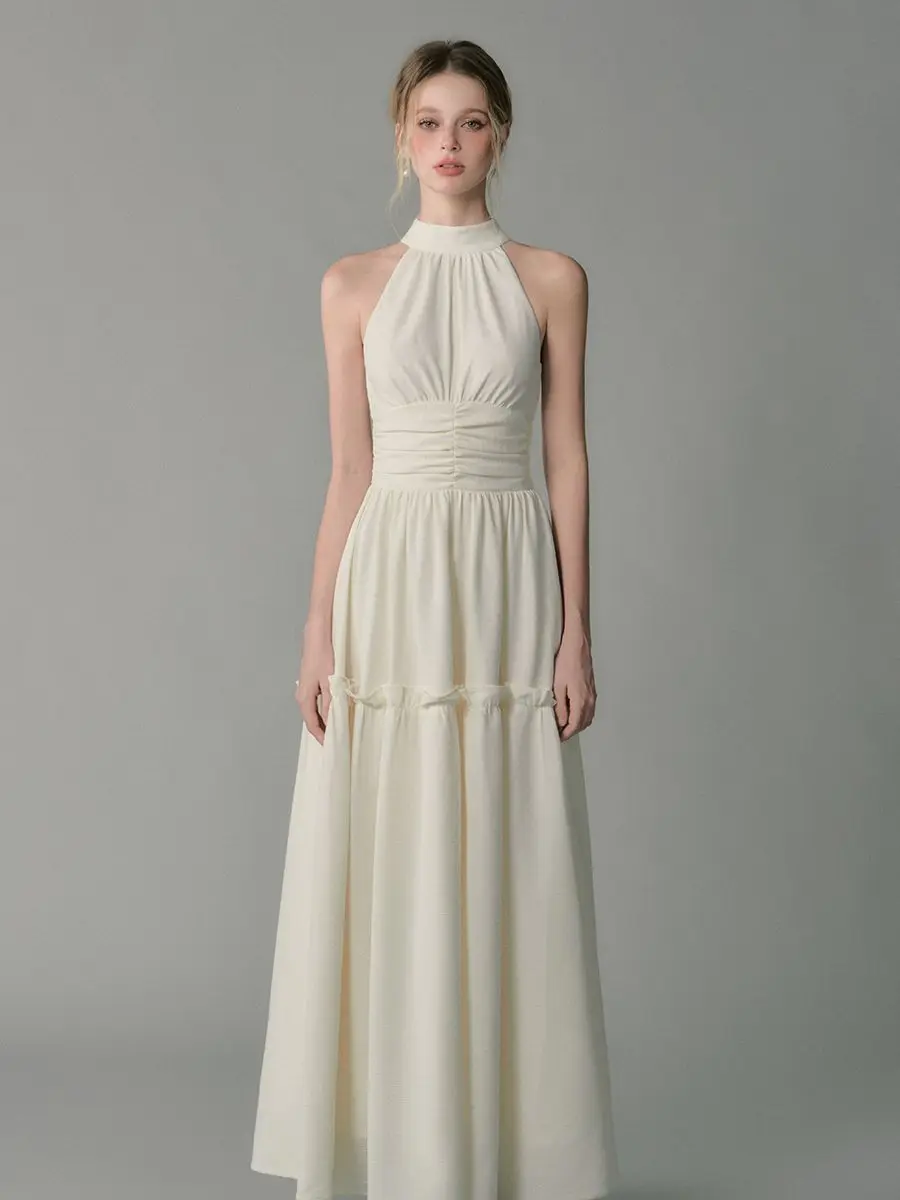 

French Style New Solid Color Elegant Halter Dress for Women Summer Design Sleeveless Pleated Waist Long Dress