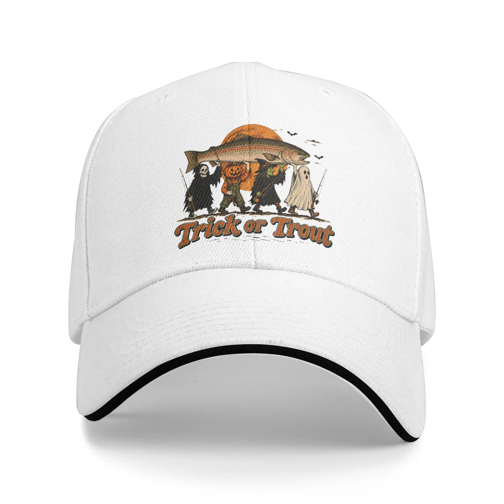 Trick or Trout Halloween Trout Fish Sandwich Caps Unisex Fashion Baseball Ghost Skeleton Washable Racing All seasons Hat Adult