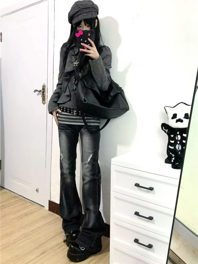 American Style Low Waist Distressed Wide Leg Jeans Women's Slim Fit Stretch High Waist Extended Length Floor Length Pants