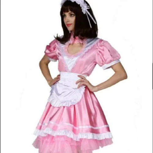 성인 메이드 시시 크로스 드레서 파티, 데일리 유니섹스 원피스, 소녀 핑크 앞치마, 할로우 잠금 가능, 푹신한 버블 슬리브, 프렌치 핫 세일